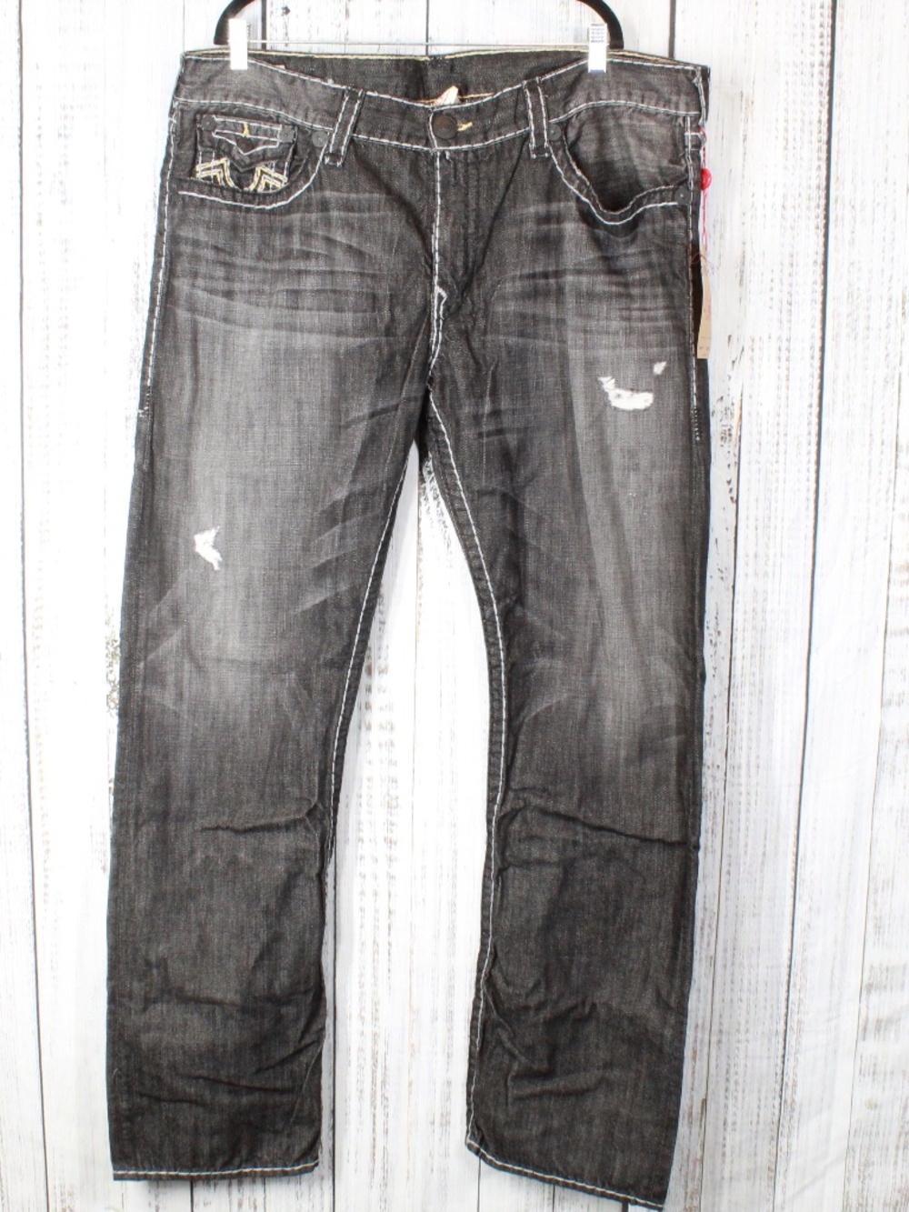 True Religion Ricky Super T Black Grey Jeans Size 42 White Yellow Stitch NWT